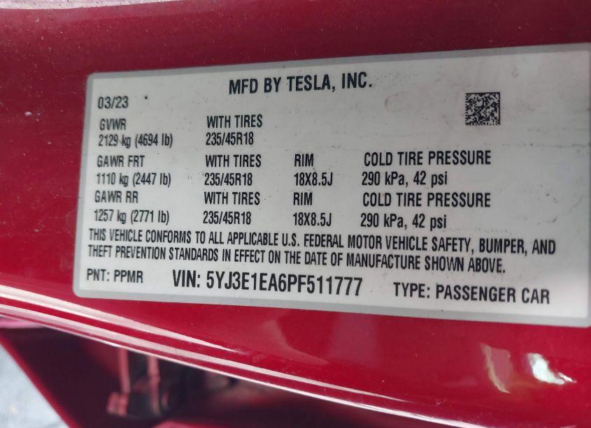Photo 9 of 2023 Tesla Model 3 REAR-WHEEL DRIVE (VIN 5YJ3E1EA6PF511777)