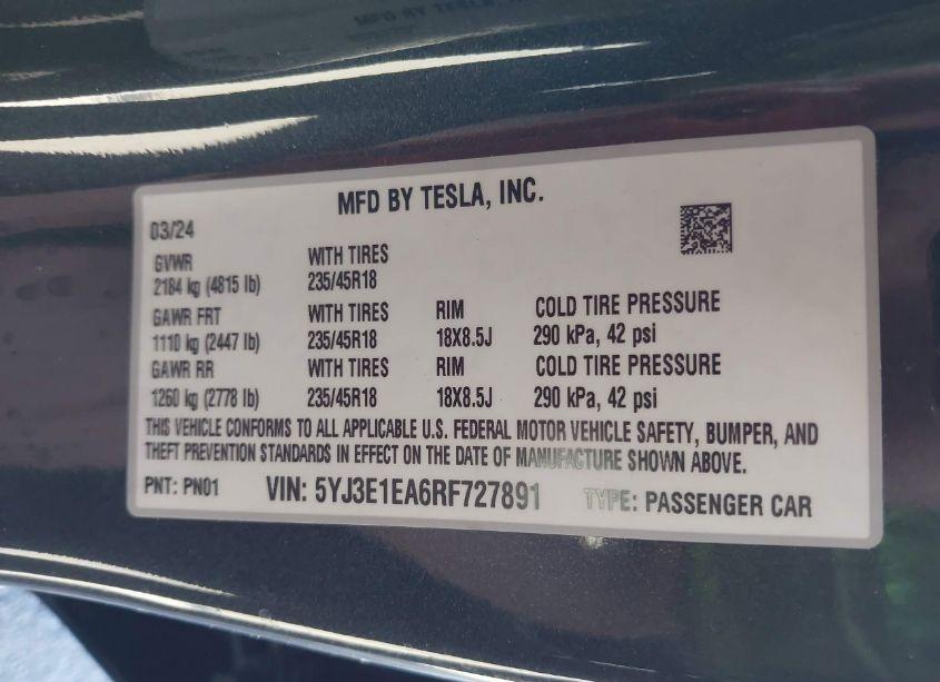 Photo 9 of 2024 Tesla Model 3 REAR-WHEEL DRIVE (VIN 5YJ3E1EA6RF727891)