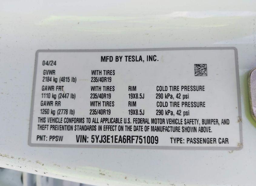 Photo 9 of 2024 Tesla Model 3 REAR-WHEEL DRIVE (VIN 5YJ3E1EA6RF751009)