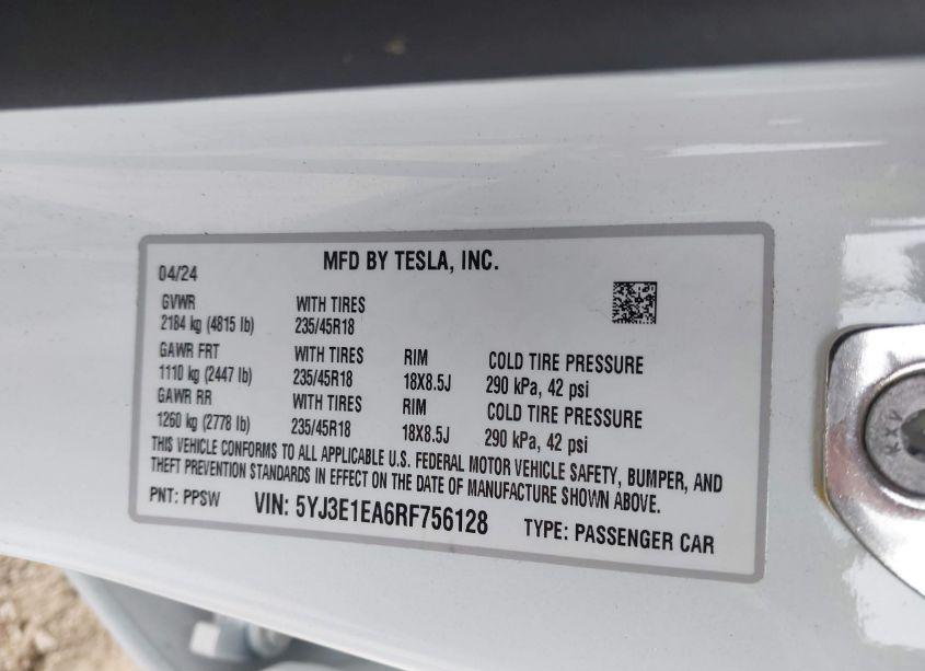 Photo 9 of 2024 Tesla Model 3 REAR-WHEEL DRIVE (VIN 5YJ3E1EA6RF756128)