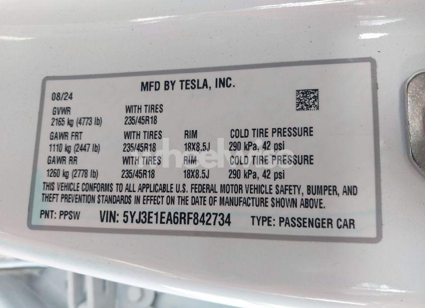 Photo 9 of 2024 Tesla Model 3 REAR-WHEEL DRIVE (VIN 5YJ3E1EA6RF842734)