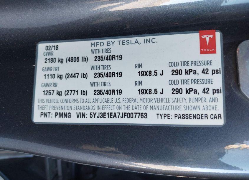 Photo 9 of 2018 Tesla Model 3 MID RANGE/LONG RANGE (VIN 5YJ3E1EA7JF007763)