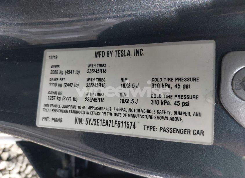 Photo 9 of 2020 Tesla Model 3 STANDARD RANGE PLUS REAR-WHEEL DRIVE/STANDARD RANGE REAR-WHEEL DRIVE (VIN 5YJ3E1EA7LF611574)