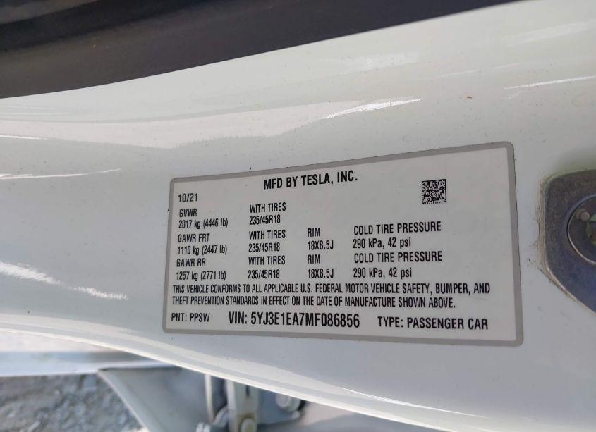 Photo 9 of 2021 Tesla Model 3 STANDARD RANGE PLUS REAR-WHEEL DRIVE (VIN 5YJ3E1EA7MF086856)