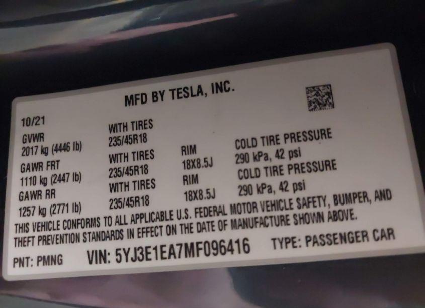 Photo 9 of 2021 Tesla Model 3 STANDARD RANGE PLUS REAR-WHEEL DRIVE (VIN 5YJ3E1EA7MF096416)