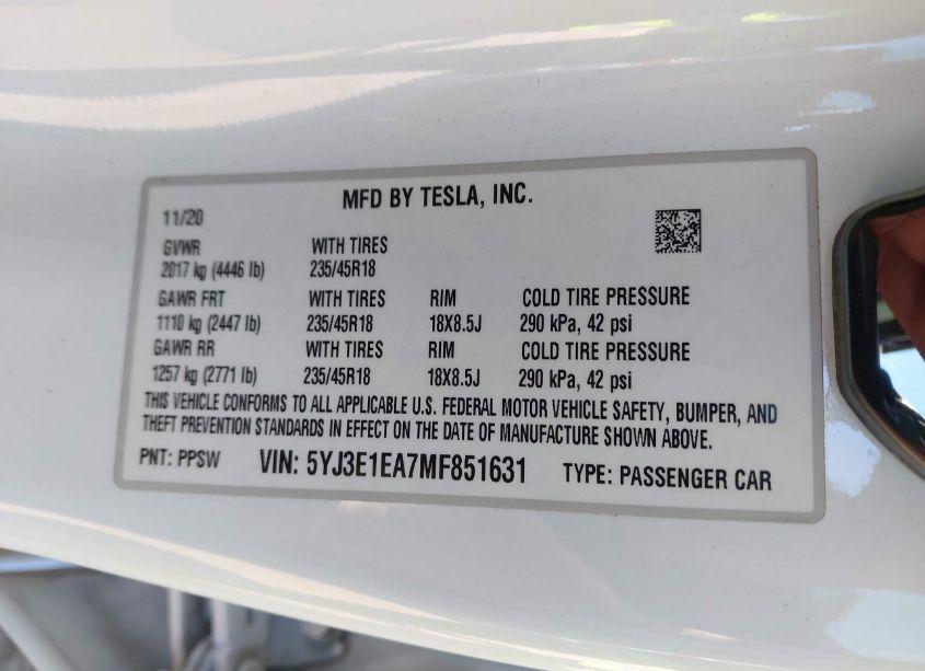 Photo 9 of 2021 Tesla Model 3 STANDARD RANGE PLUS REAR-WHEEL DRIVE (VIN 5YJ3E1EA7MF851631)