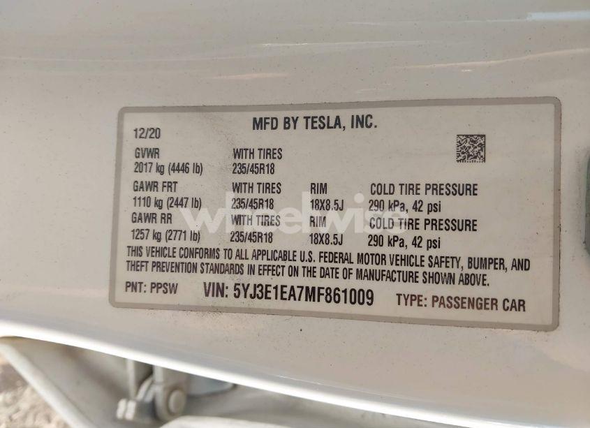 Photo 9 of 2021 Tesla Model 3 STANDARD RANGE PLUS REAR-WHEEL DRIVE (VIN 5YJ3E1EA7MF861009)