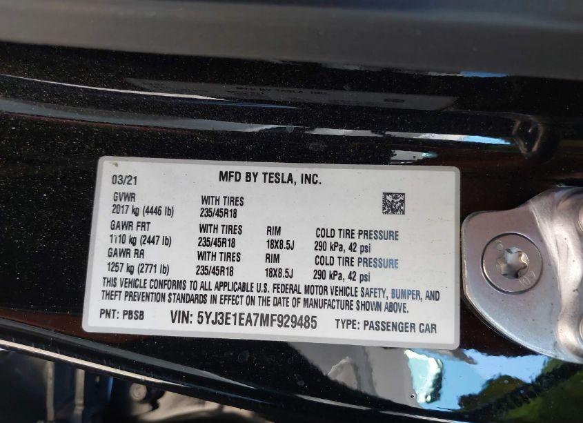 Photo 9 of 2021 Tesla Model 3 STANDARD RANGE PLUS REAR-WHEEL DRIVE (VIN 5YJ3E1EA7MF929485)