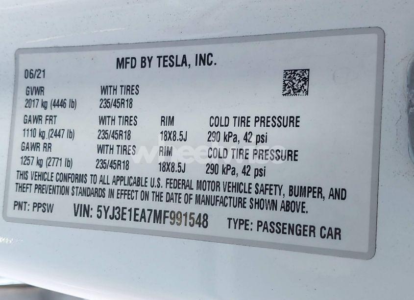 Photo 9 of 2021 Tesla Model 3 STANDARD RANGE PLUS REAR-WHEEL DRIVE (VIN 5YJ3E1EA7MF991548)