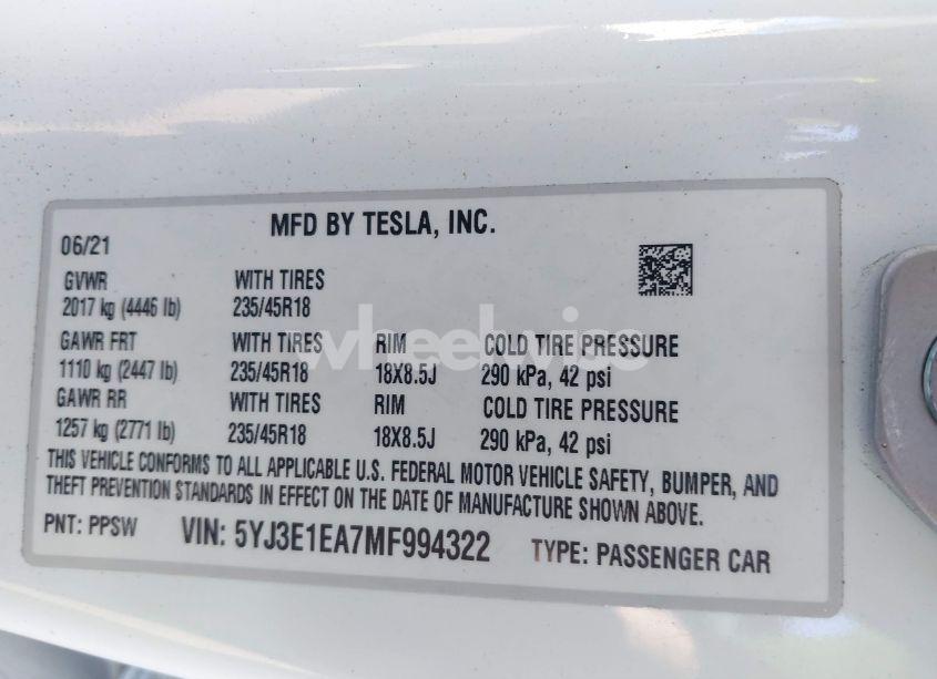 Photo 9 of 2021 Tesla Model 3 STANDARD RANGE PLUS REAR-WHEEL DRIVE (VIN 5YJ3E1EA7MF994322)