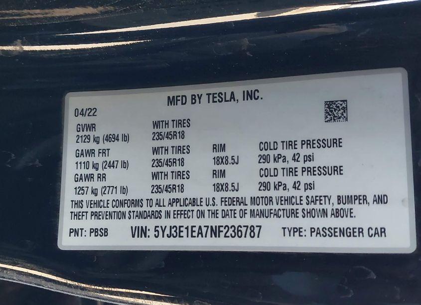 Photo 9 of 2022 Tesla Model 3 REAR-WHEEL DRIVE (VIN 5YJ3E1EA7NF236787)