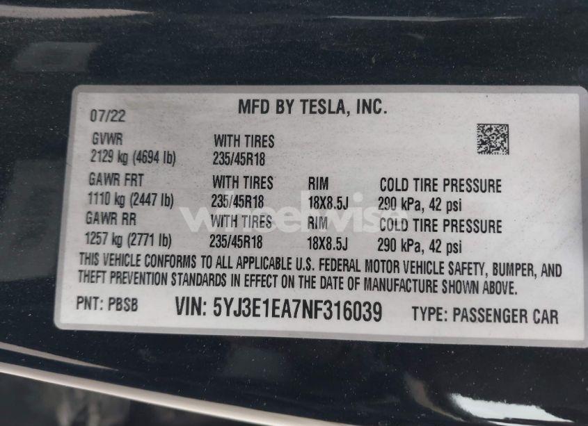 Photo 9 of 2022 Tesla Model 3 REAR-WHEEL DRIVE (VIN 5YJ3E1EA7NF316039)