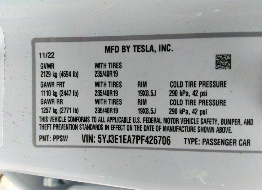 Photo 9 of 2023 Tesla Model 3 REAR-WHEEL DRIVE (VIN 5YJ3E1EA7PF426706)