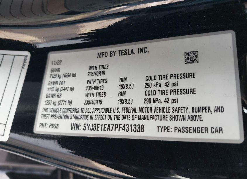 Photo 9 of 2023 Tesla Model 3 REAR-WHEEL DRIVE (VIN 5YJ3E1EA7PF431338)