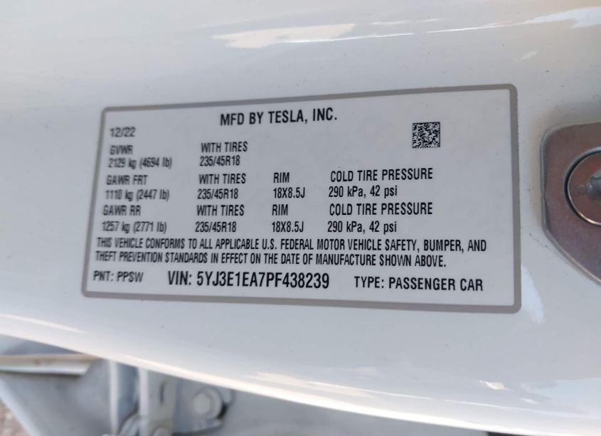 Photo 8 of 2023 Tesla Model 3 REAR-WHEEL DRIVE (VIN 5YJ3E1EA7PF438239)