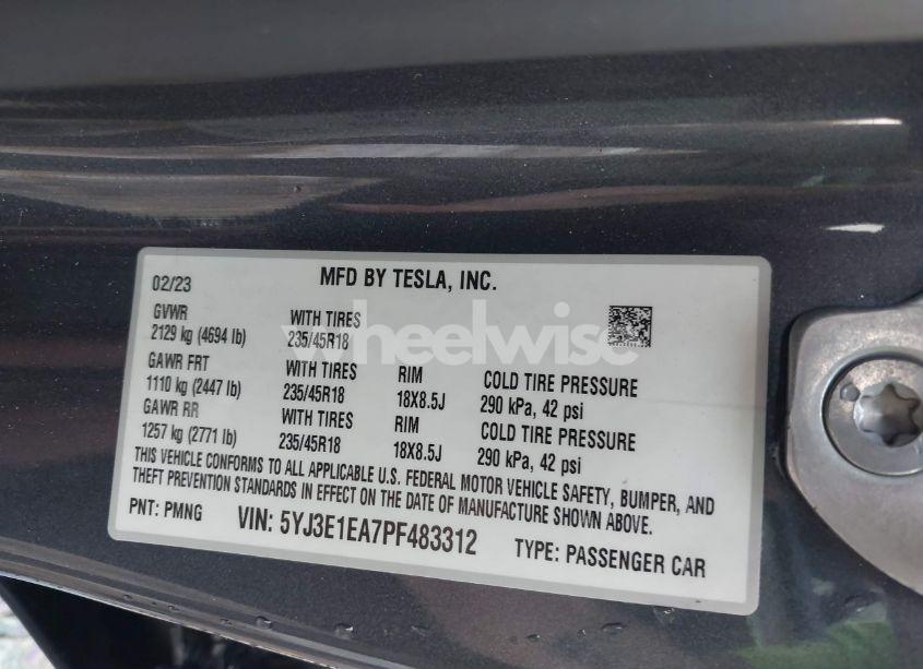 Photo 9 of 2023 Tesla Model 3 REAR-WHEEL DRIVE (VIN 5YJ3E1EA7PF483312)