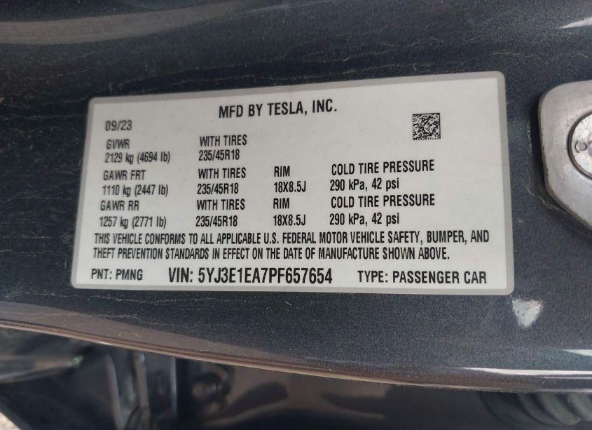 Photo 9 of 2023 Tesla Model 3 REAR-WHEEL DRIVE (VIN 5YJ3E1EA7PF657654)