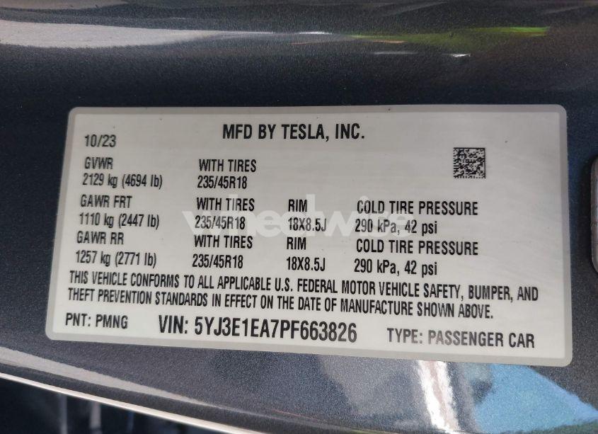 Photo 9 of 2023 Tesla Model 3 REAR-WHEEL DRIVE (VIN 5YJ3E1EA7PF663826)
