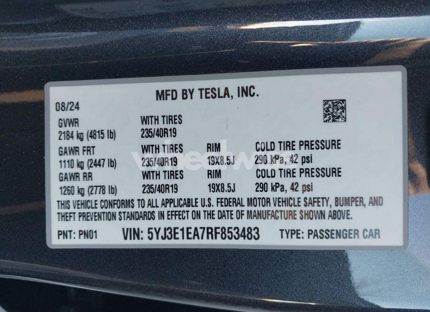 Photo 9 of 2024 Tesla Model 3 REAR-WHEEL DRIVE (VIN 5YJ3E1EA7RF853483)