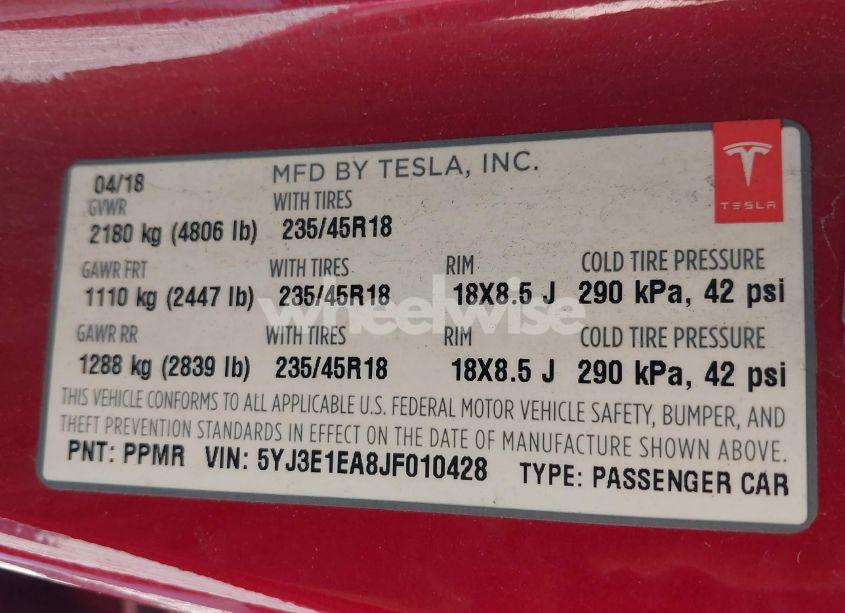 Photo 9 of 2018 Tesla Model 3 LONG RANGE/MID RANGE (VIN 5YJ3E1EA8JF010428)