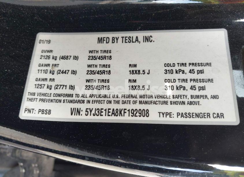 Photo 9 of 2019 Tesla Model 3 LONG RANGE/MID RANGE/STANDARD RANGE/STANDARD RANGE PLUS (VIN 5YJ3E1EA8KF192908)