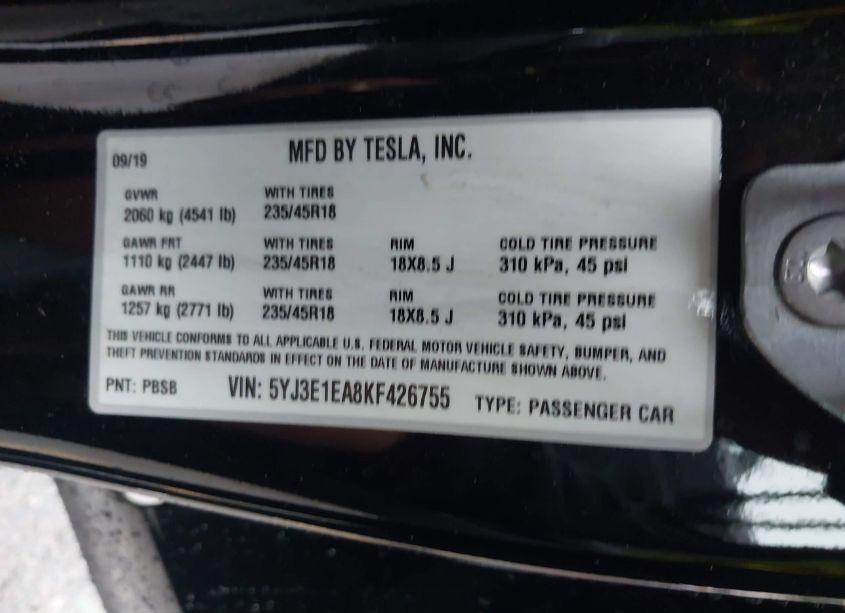 Photo 9 of 2019 Tesla Model 3 LONG RANGE/MID RANGE/STANDARD RANGE/STANDARD RANGE PLUS (VIN 5YJ3E1EA8KF426755)