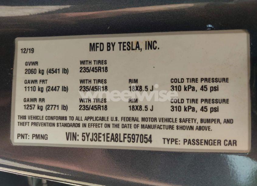 Photo 9 of 2020 Tesla Model 3 STANDARD RANGE PLUS REAR-WHEEL DRIVE/STANDARD RANGE REAR-WHEEL DRIVE (VIN 5YJ3E1EA8LF597054)