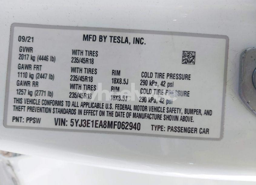 Photo 9 of 2021 Tesla Model 3 STANDARD RANGE PLUS REAR-WHEEL DRIVE (VIN 5YJ3E1EA8MF062940)