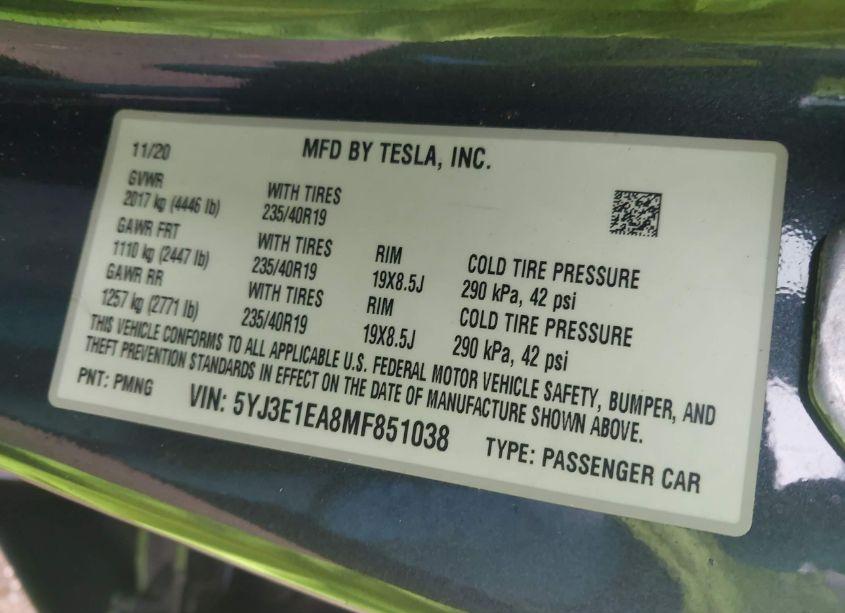 Photo 9 of 2021 Tesla Model 3 STANDARD RANGE PLUS REAR-WHEEL DRIVE (VIN 5YJ3E1EA8MF851038)