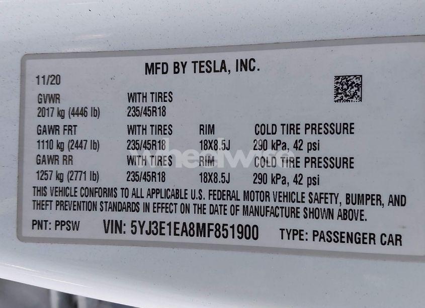 Photo 9 of 2021 Tesla Model 3 STANDARD RANGE PLUS REAR-WHEEL DRIVE (VIN 5YJ3E1EA8MF851900)