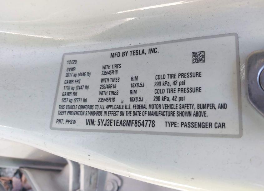 Photo 8 of 2021 Tesla Model 3 STANDARD RANGE PLUS REAR-WHEEL DRIVE (VIN 5YJ3E1EA8MF854778)
