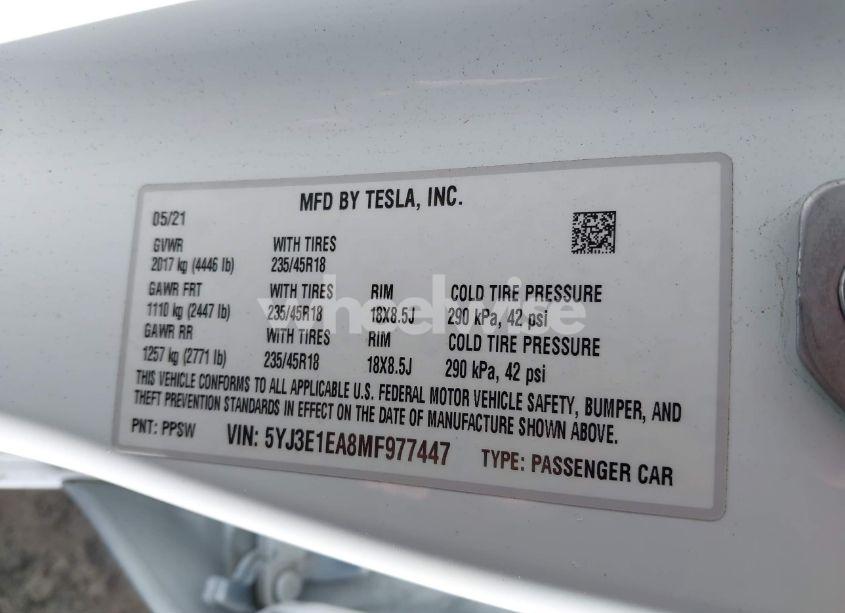 Photo 9 of 2021 Tesla Model 3 STANDARD RANGE PLUS REAR-WHEEL DRIVE (VIN 5YJ3E1EA8MF977447)