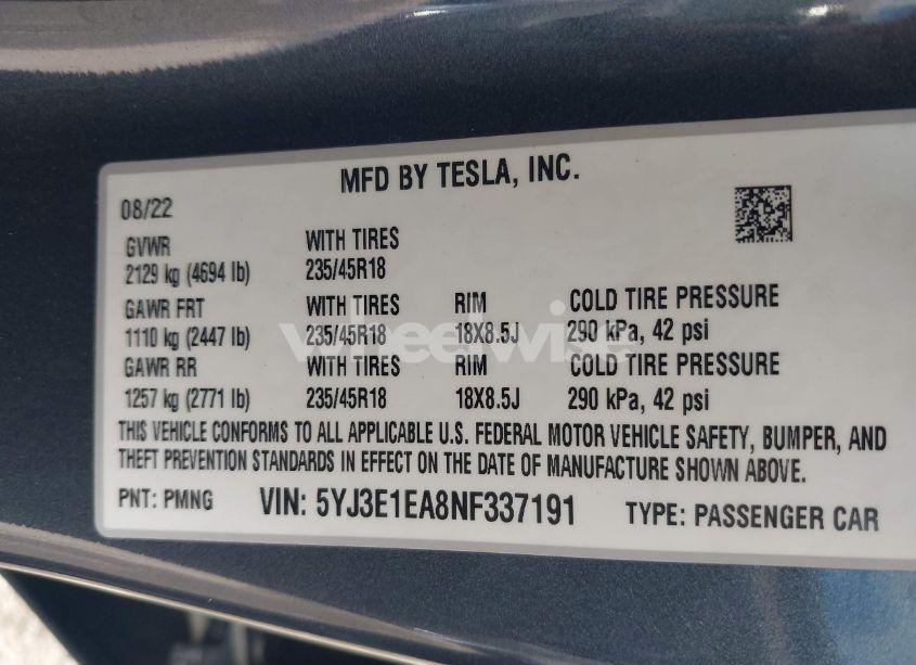 Photo 9 of 2022 Tesla Model 3 REAR-WHEEL DRIVE (VIN 5YJ3E1EA8NF337191)