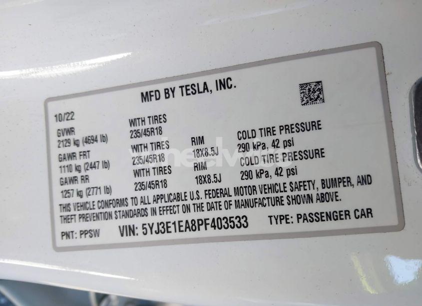 Photo 9 of 2023 Tesla Model 3 REAR-WHEEL DRIVE (VIN 5YJ3E1EA8PF403533)