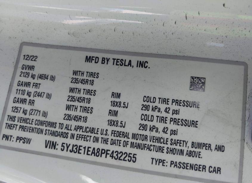 Photo 9 of 2023 Tesla Model 3 REAR-WHEEL DRIVE (VIN 5YJ3E1EA8PF432255)