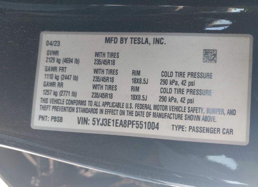 Photo 9 of 2023 Tesla Model 3 REAR-WHEEL DRIVE (VIN 5YJ3E1EA8PF551004)
