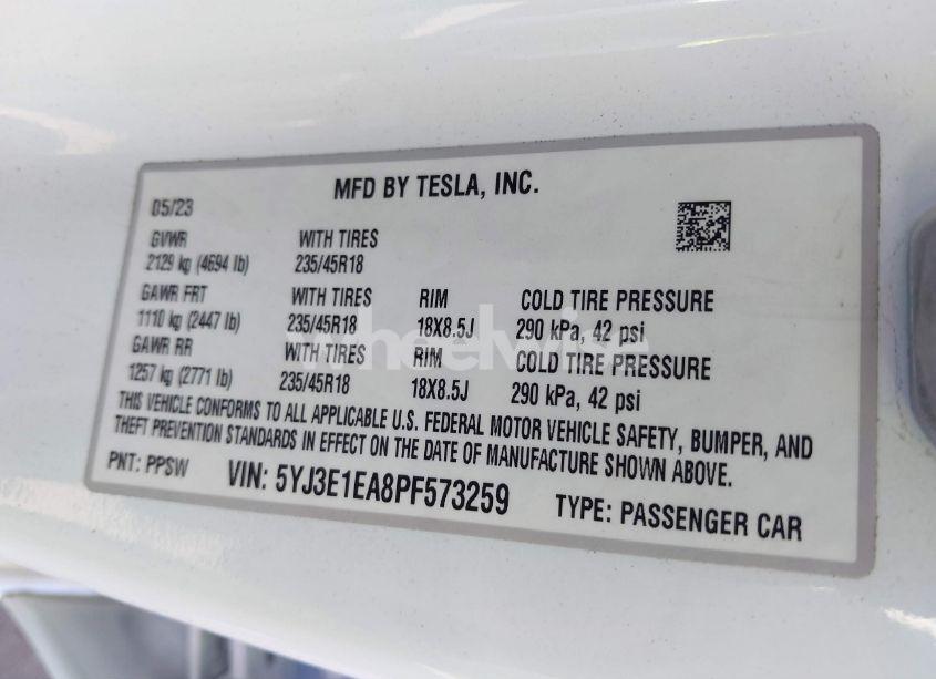 Photo 9 of 2023 Tesla Model 3 REAR-WHEEL DRIVE (VIN 5YJ3E1EA8PF573259)