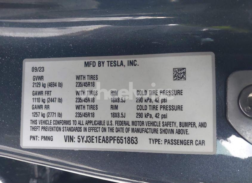 Photo 9 of 2023 Tesla Model 3 REAR-WHEEL DRIVE (VIN 5YJ3E1EA8PF651863)