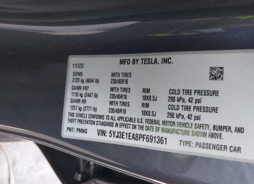 Photo 9 of 2023 Tesla Model 3 REAR-WHEEL DRIVE (VIN 5YJ3E1EA8PF691361)