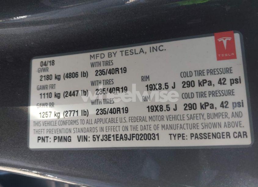 Photo 9 of 2018 Tesla Model 3 LONG RANGE/MID RANGE (VIN 5YJ3E1EA9JF020031)