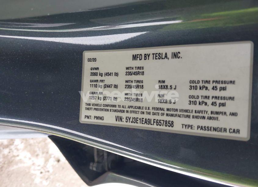 Photo 9 of 2020 Tesla Model 3 STANDARD RANGE PLUS REAR-WHEEL DRIVE/STANDARD RANGE REAR-WHEEL DRIVE (VIN 5YJ3E1EA9LF657858)