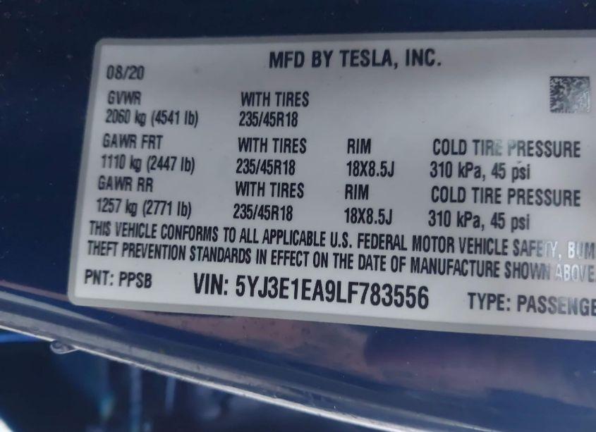 Photo 9 of 2020 Tesla Model 3 STANDARD RANGE PLUS REAR-WHEEL DRIVE/STANDARD RANGE REAR-WHEEL DRIVE (VIN 5YJ3E1EA9LF783556)