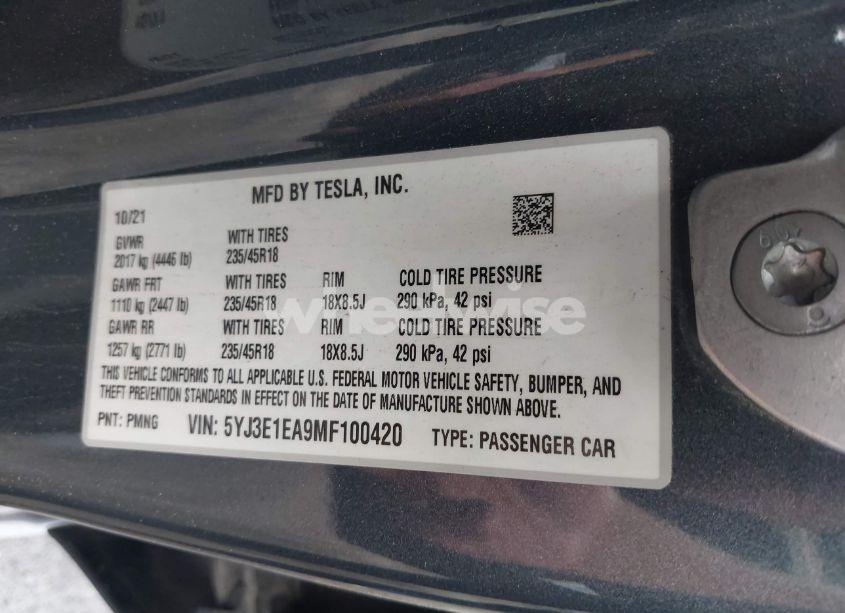 Photo 9 of 2021 Tesla Model 3 STANDARD RANGE PLUS REAR-WHEEL DRIVE (VIN 5YJ3E1EA9MF100420)