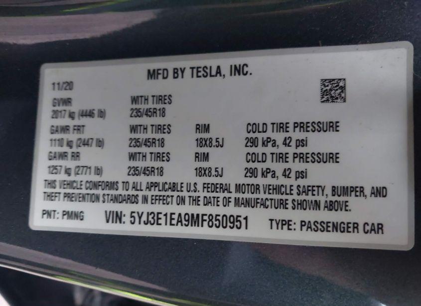 Photo 9 of 2021 Tesla Model 3 STANDARD RANGE PLUS REAR-WHEEL DRIVE (VIN 5YJ3E1EA9MF850951)