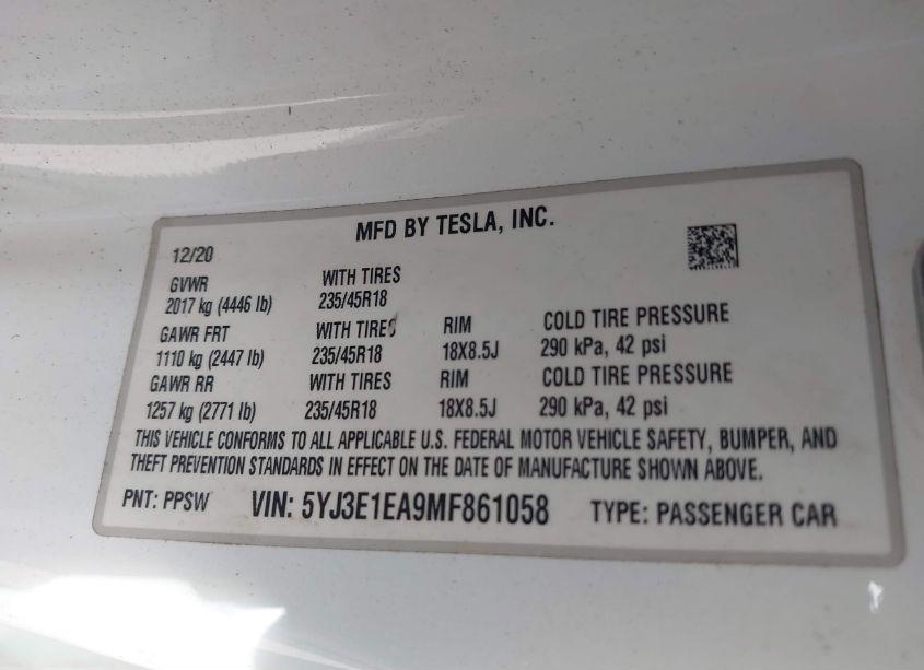 Photo 9 of 2021 Tesla Model 3 STANDARD RANGE PLUS REAR-WHEEL DRIVE (VIN 5YJ3E1EA9MF861058)