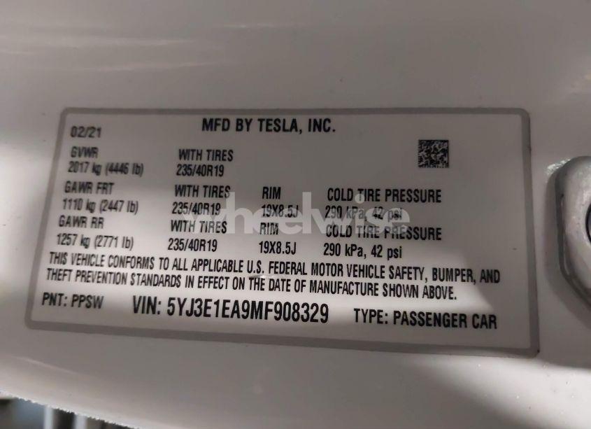 Photo 9 of 2021 Tesla Model 3 STANDARD RANGE PLUS REAR-WHEEL DRIVE (VIN 5YJ3E1EA9MF908329)