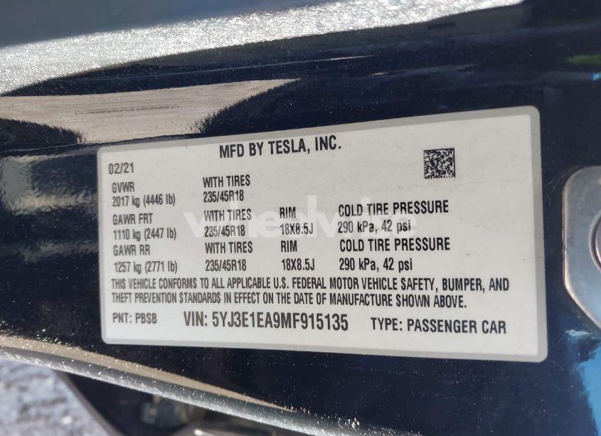 Photo 9 of 2021 Tesla Model 3 STANDARD RANGE PLUS REAR-WHEEL DRIVE (VIN 5YJ3E1EA9MF915135)