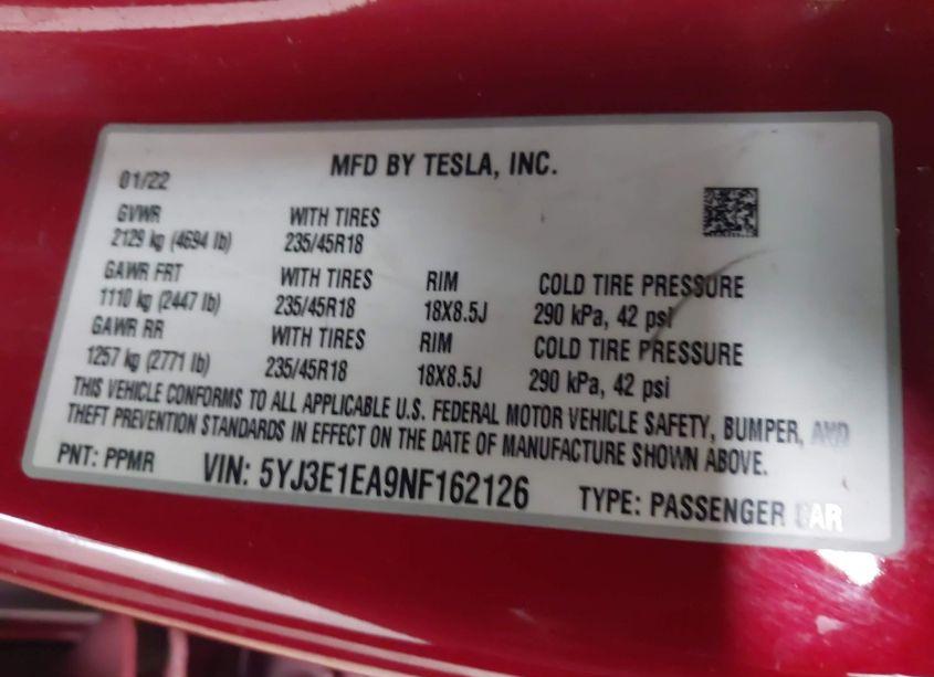 Photo 9 of 2022 Tesla Model 3 REAR-WHEEL DRIVE (VIN 5YJ3E1EA9NF162126)
