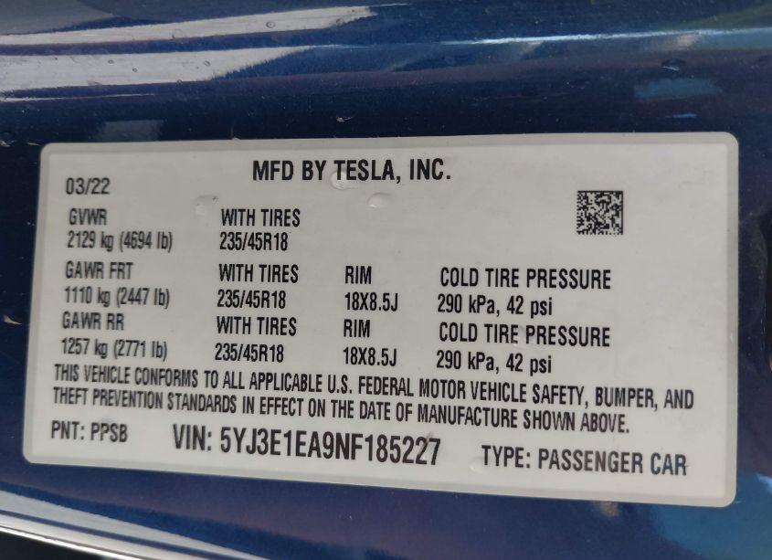 Photo 9 of 2022 Tesla Model 3 REAR-WHEEL DRIVE (VIN 5YJ3E1EA9NF185227)