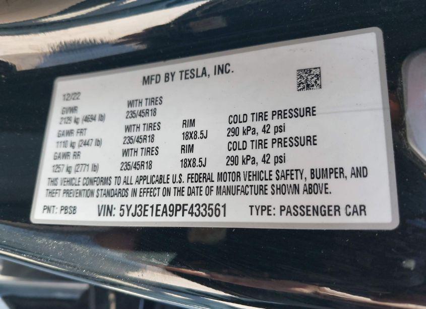 Photo 9 of 2023 Tesla Model 3 REAR-WHEEL DRIVE (VIN 5YJ3E1EA9PF433561)